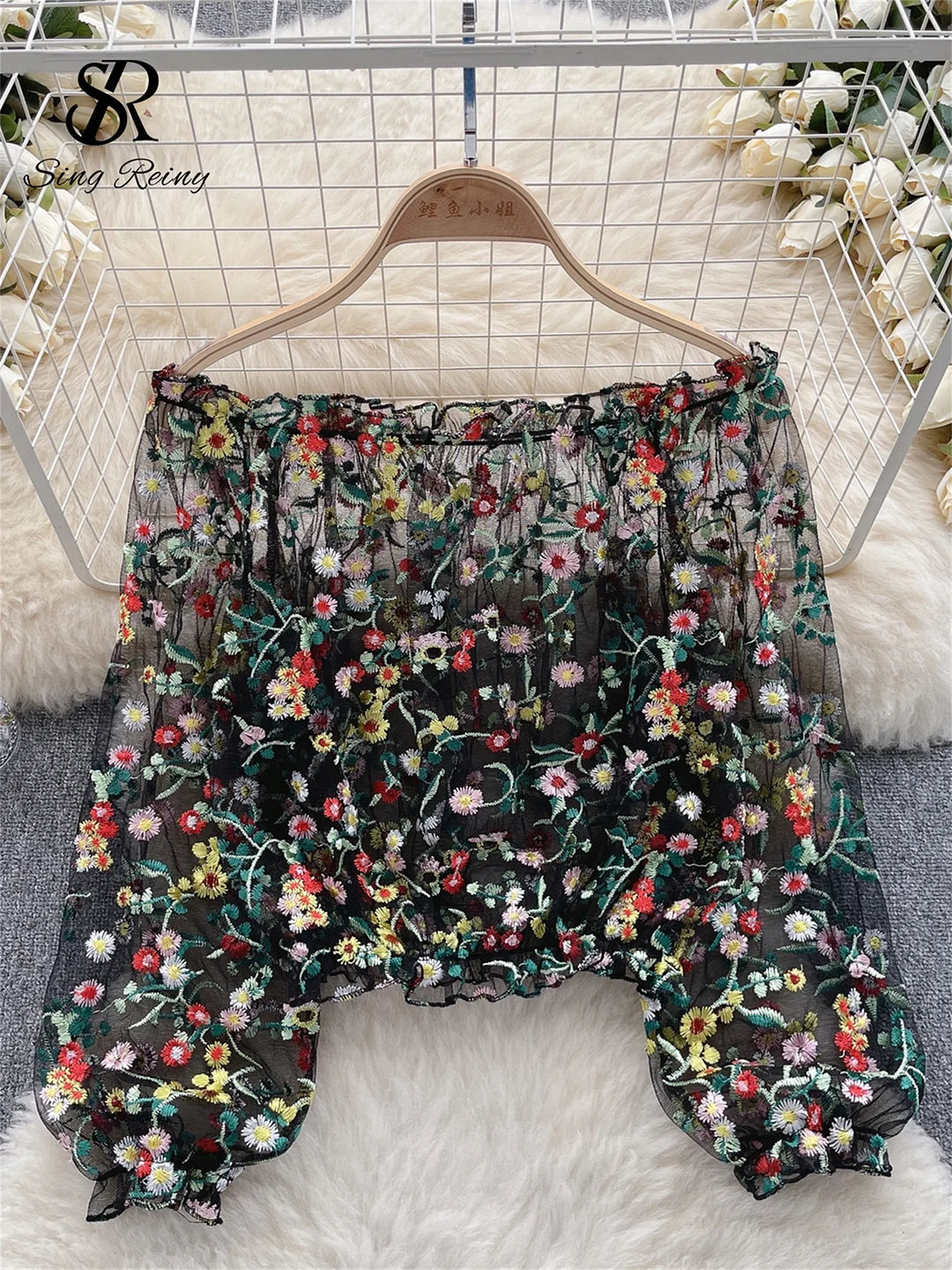 Huibahe Fashion Mesh Embroidery Cropped Top Transparent Design Slash Neck Off Shoulder 2024 Summer Women Casual Loose Blouse