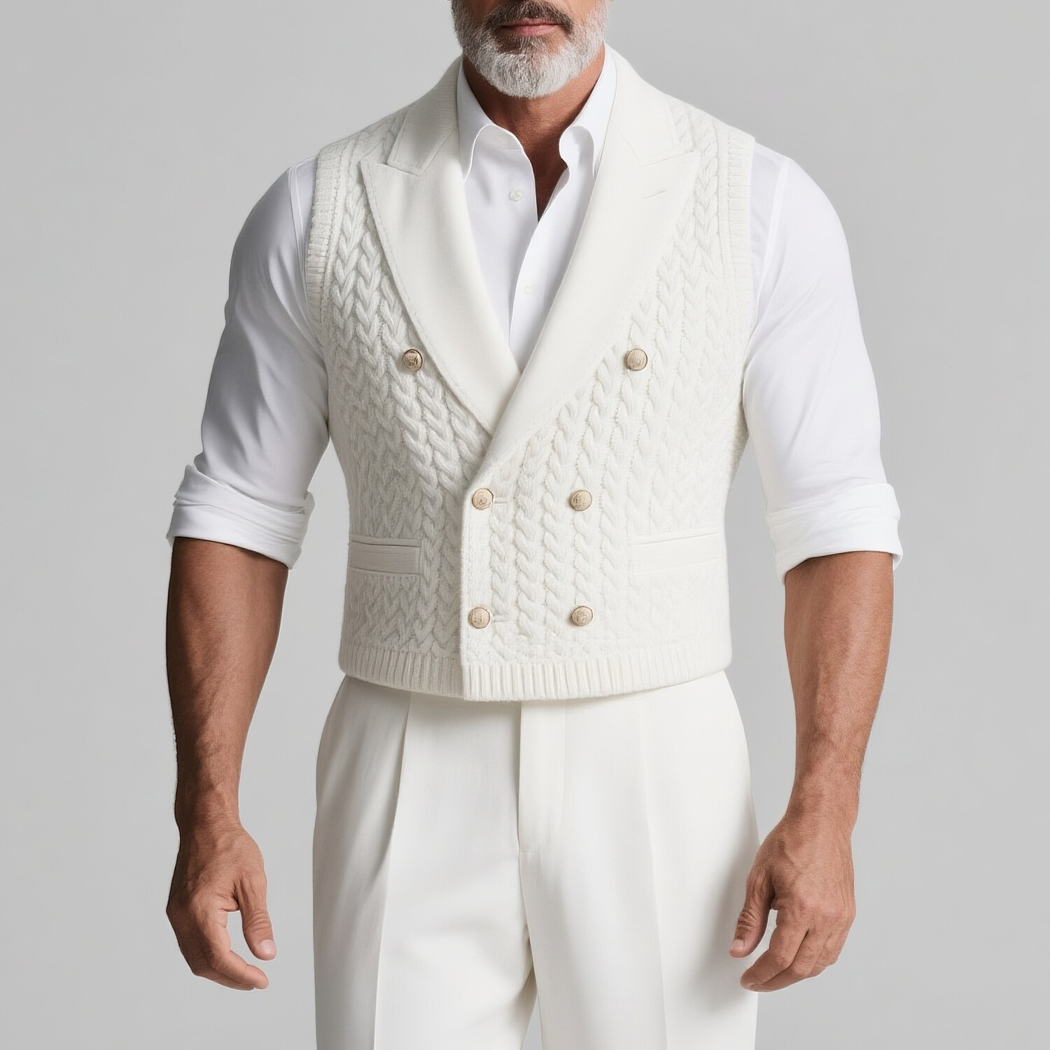 Men's Cable Knit Peaked Lapel Double Breasted Sleeveless Vest