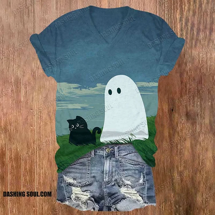 Halloween Ghost Accompany With Black Cat On The Hillside Print V-neck T-shirt
