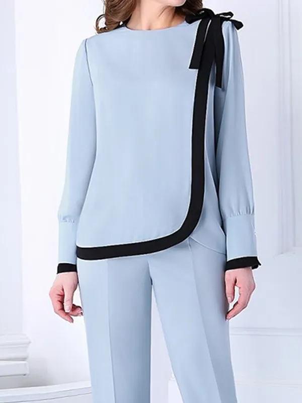 Round Neck Tie Blouse And Trousers Suit