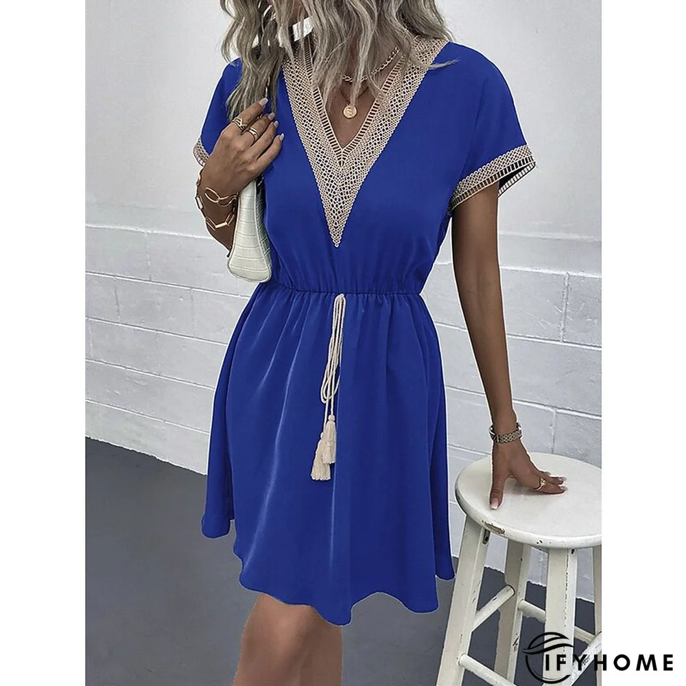 Women's Casual Dress Summer Dress Loose Dress Plain Drawstring Lace Trim V Neck Mini Dress Active Fashion Outdoor Daily Short Sleeve Loose Fit Black White Blue Spring Summer S M L XL | IFYHOME