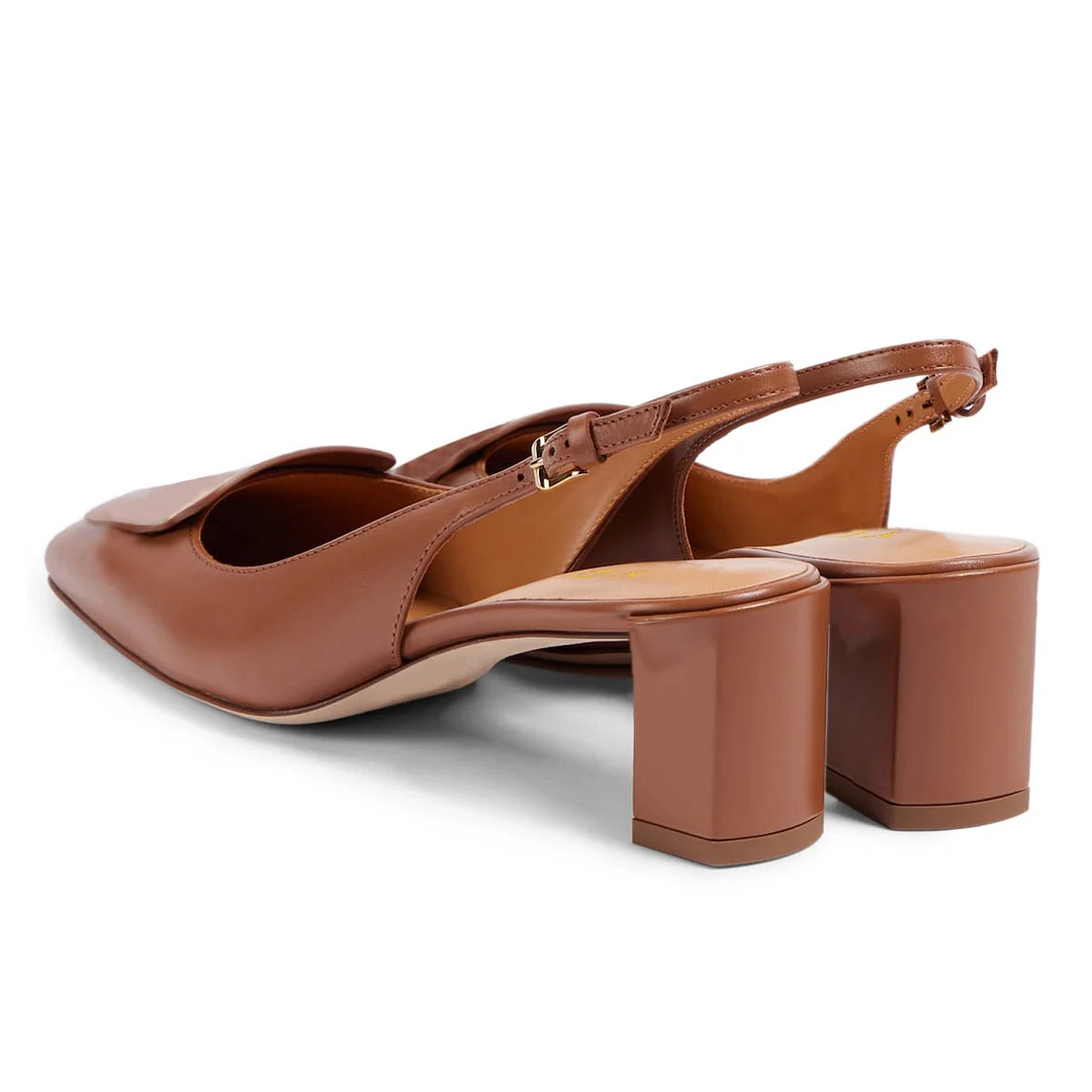 YDN Brown Vegan Leather Square Toe Chunky Heel Slingback Pumps