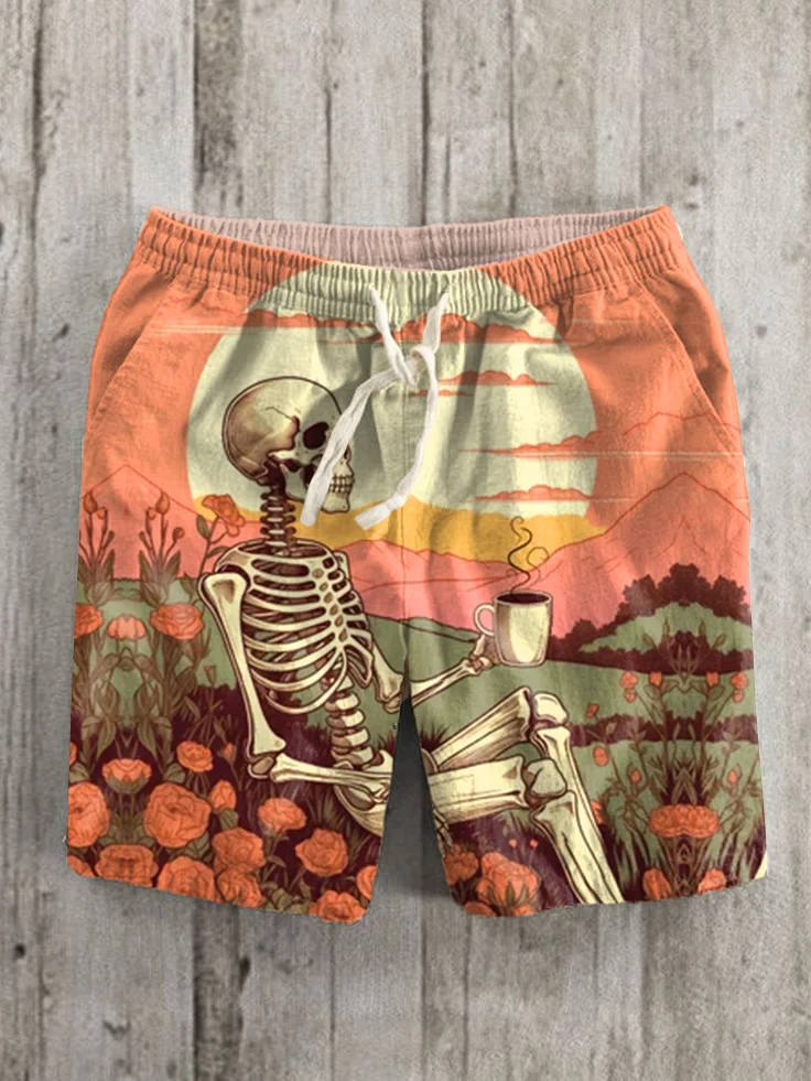Men's Chilling Sunset Skeleton Flower Coffee Print Casual Shorts
