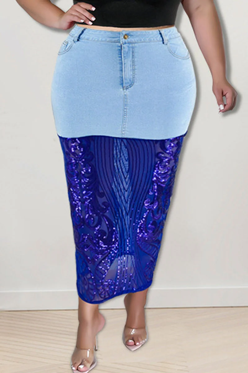 Light Blue Sexy Solid Embroidered Sequins Patchwork High Waist Denim Skirts | EGEMISS