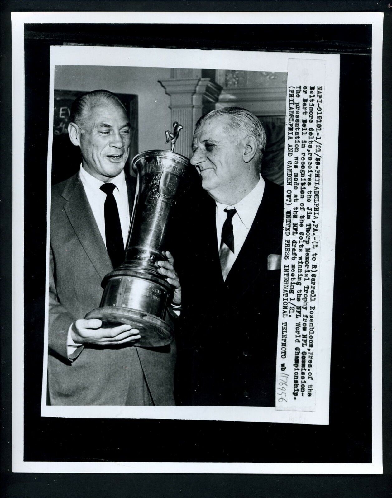 Baltimore Colts Rosenbloom receives NFL Champ Trophy Bert Bell 1959 Press Photo Poster painting