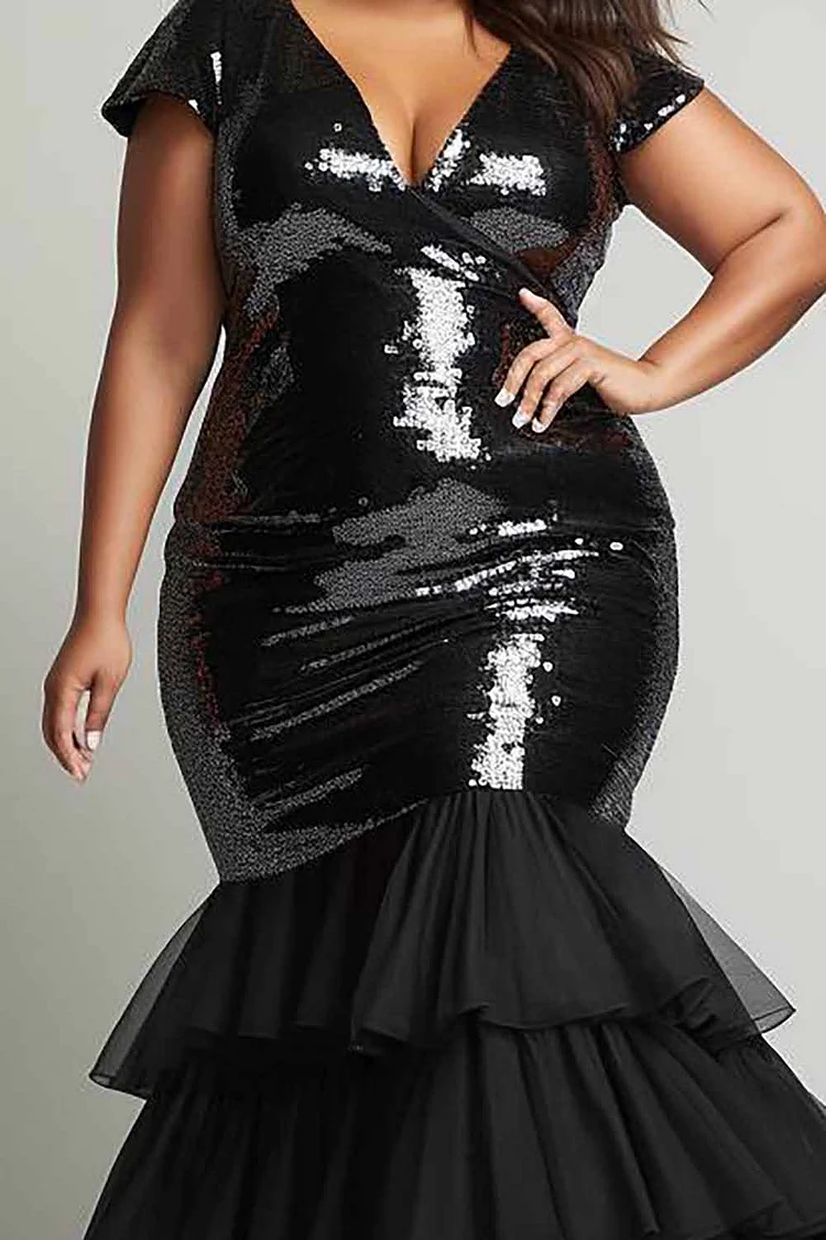 Plus Size Formal Dress Black V Neck Tulle Maxi Dress