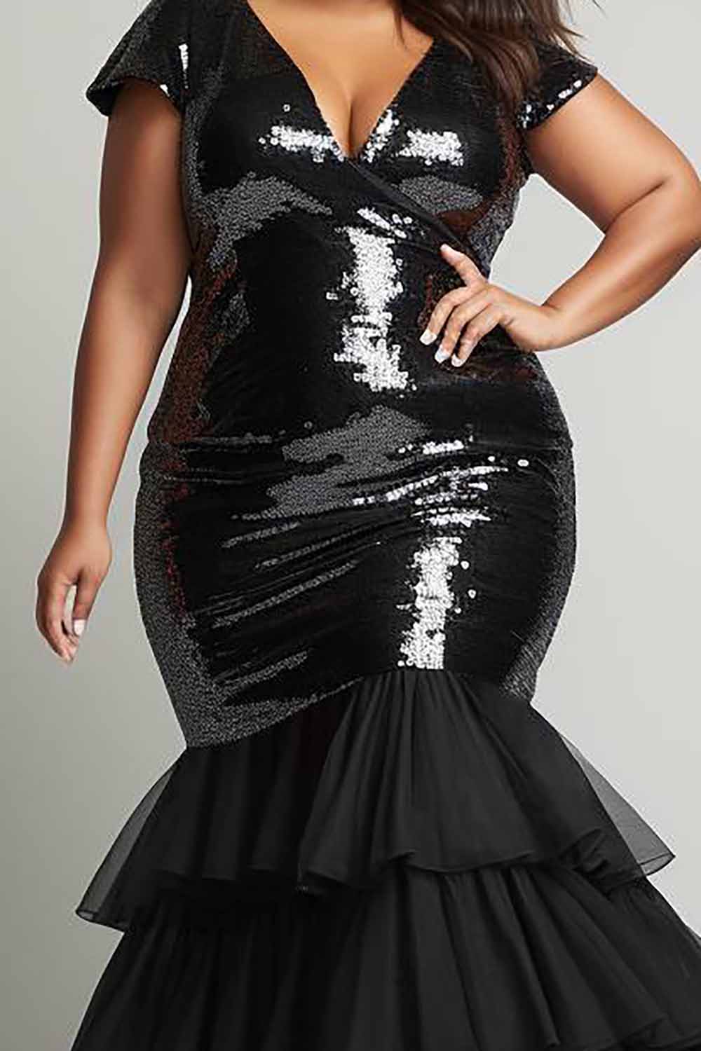 Design Plus Size Formal Elegant Black V Neck Short Sleeve Tulle Mermaid Sequin Maxi Dresses [Pre-Order]