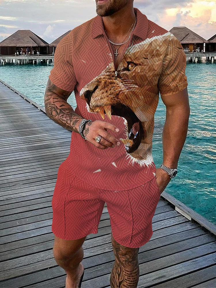 Men's Tiger Zip Polo Shirt and Shorts Two-Piece Suits