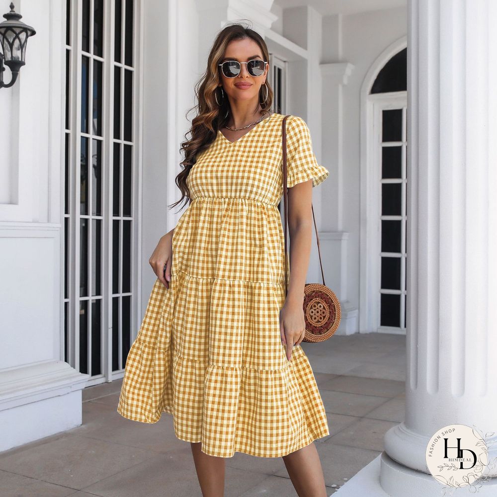 Elegant Fashion Plaid Short Sleeve Dress For Women Dresses New Ruffled V-Neck High Waist Swing A-line Midi Dress