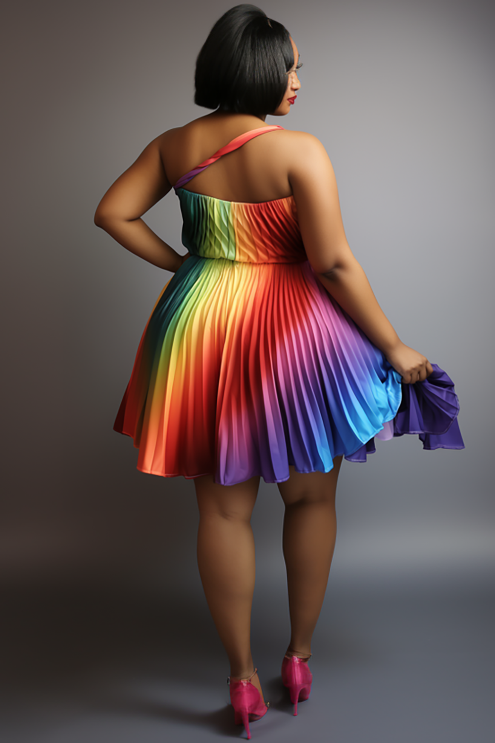 Design Plus Size Elegant Multicolor Gradient Oblique Collar One Shoulder Pleated Satin Mini Dresses [Pre-Order]