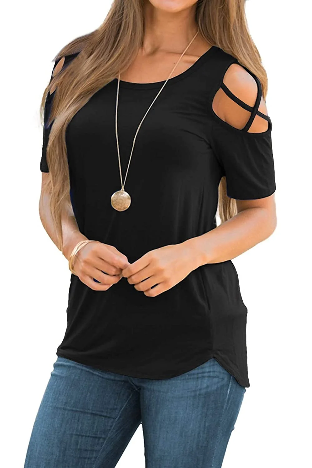 Women Short Sleeve Strappy Cold Shoulder T-Shirt Tops Blouses