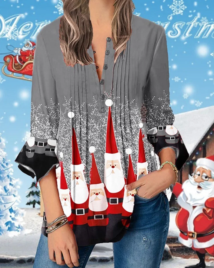 V Neck Christmas Print Flared Sleeve Top