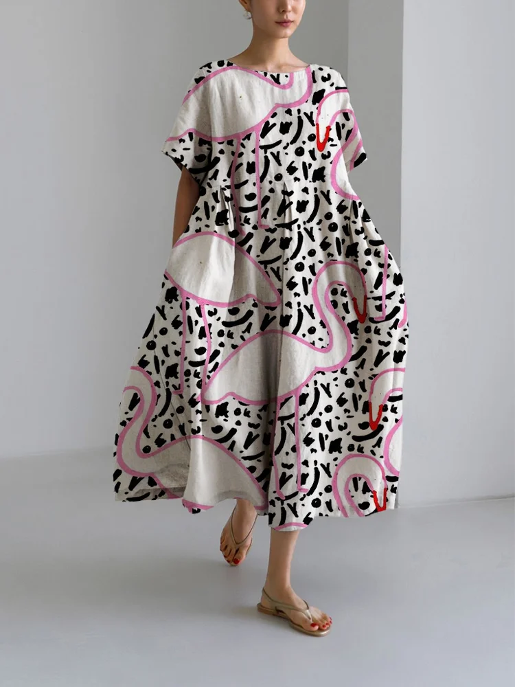 Women's Casual Black & White Leopard Print Loose Round Neck Medium Length Skirt Dress