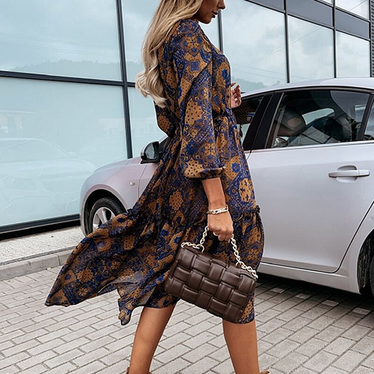 Women Casual Print Long Sleeve Dress Autumn Fashion Irregular Slim Dress Office Lady Elegant Button Ruffle Elastic Waist Dresses