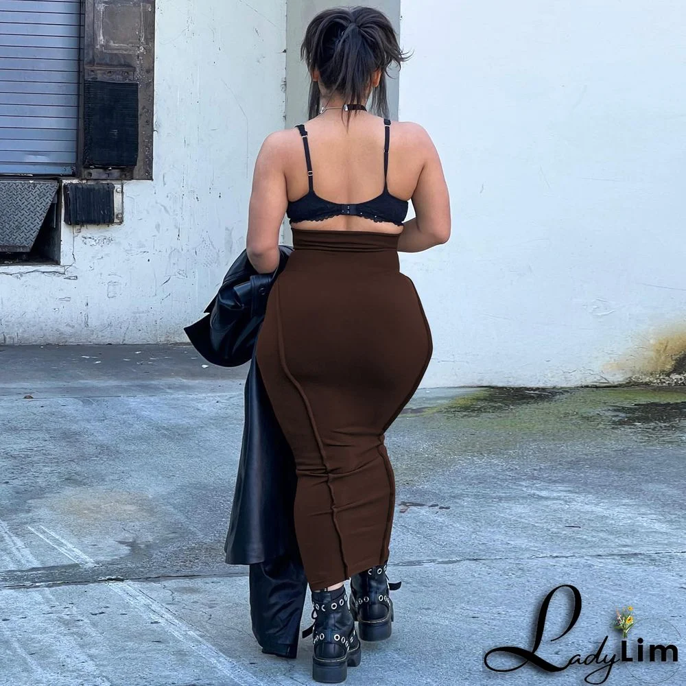 Women's Fashion Solid Color High Waist Elastic Tummy Control Patchwork Car Trim Maxi Dress