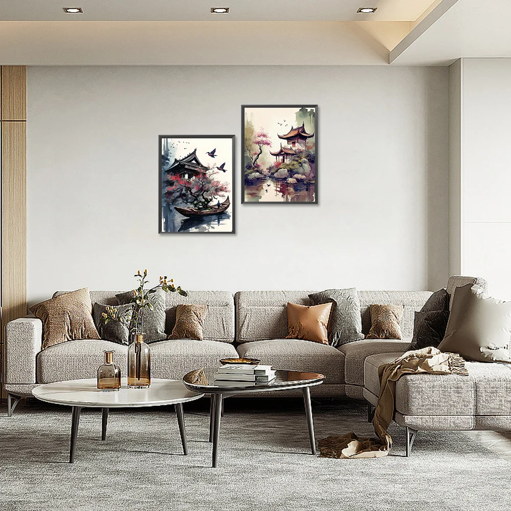 2pcs/Set Diamond Painting - Full Round Drill - Ink Landscape(Canvas|30*40cm)