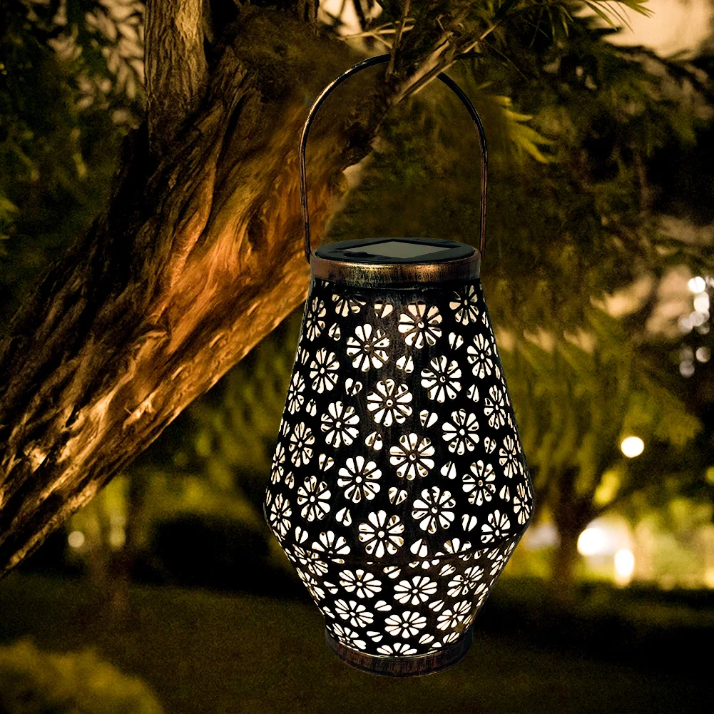 Art Flower Wrought Iron LED Solar Projection Lamp Portable Hanging Lantern