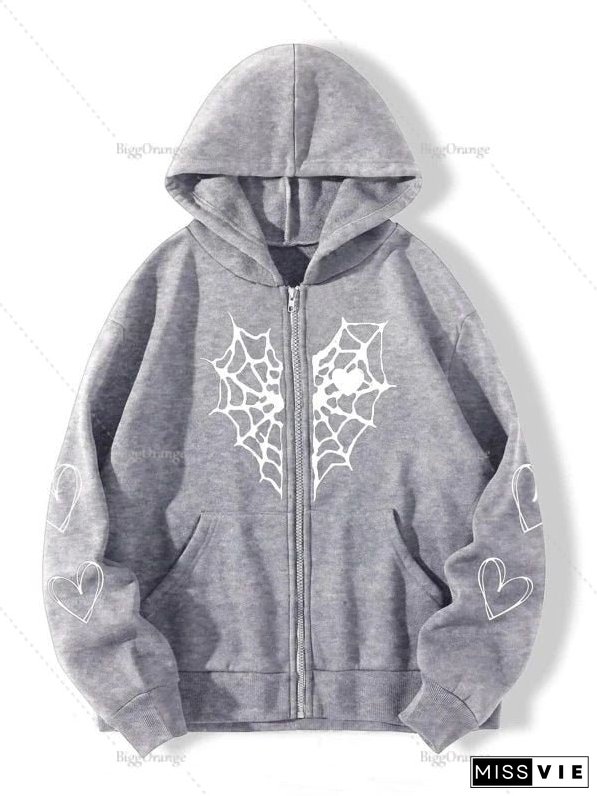 Spider Web Print Hoodie Womens Sweatshirt Loose Jacket Fashion Trend Zip Autumn Casual