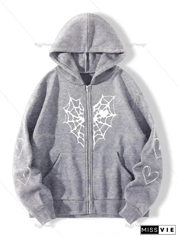 Spider Web Print Hoodie Womens Sweatshirt Loose Jacket Fashion Trend Zip Autumn Casual