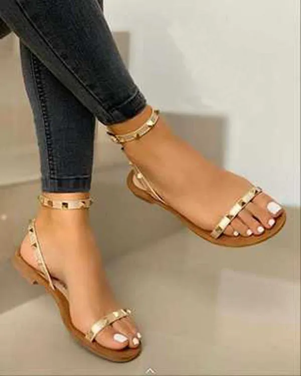 2020 Summer Women Flat Shoes Gladiator Open Toe Beach Sandals Rivet Ankle Strap Roman Ladies Sandals Zapatos Mujer Chaussure