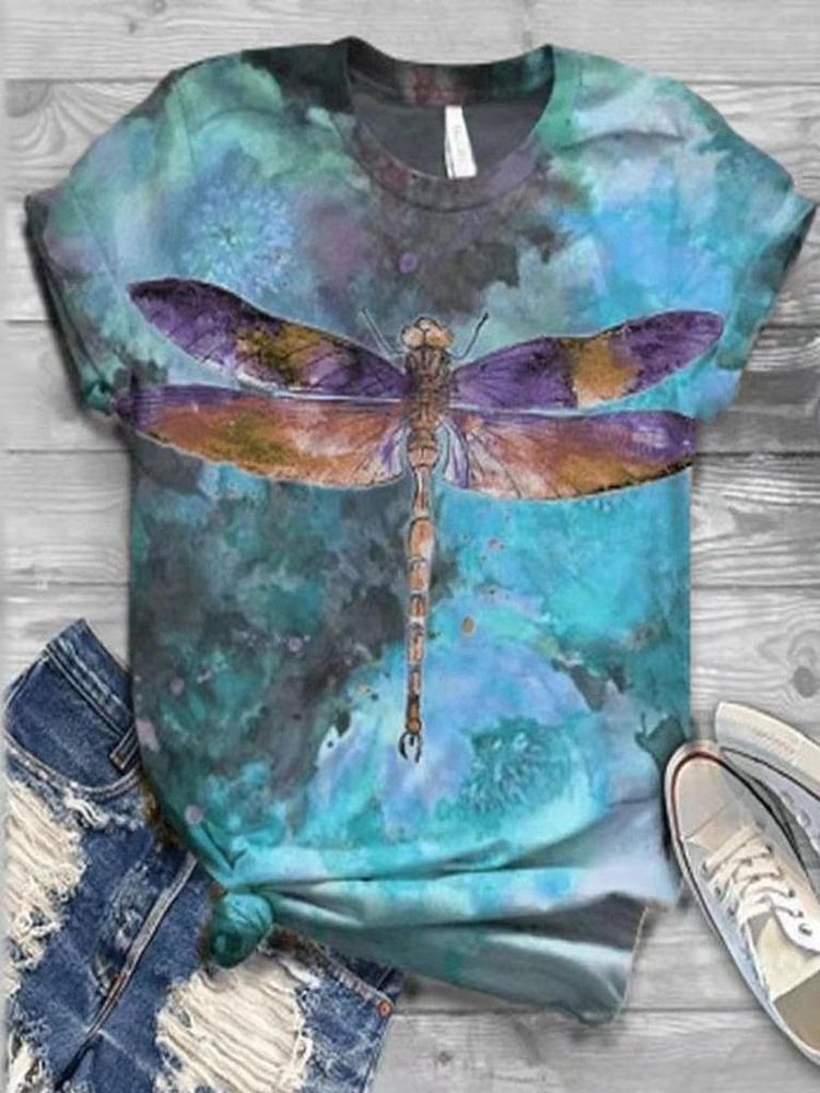 Bestdealfriday Blue Watercolor Dragonfly Graphic Tee