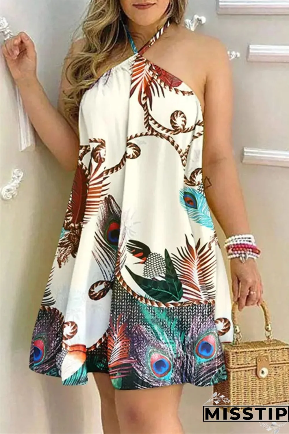 Gradient Color Fashion Casual Print Bandage Backless Halter Sleeveless Dress Dresses