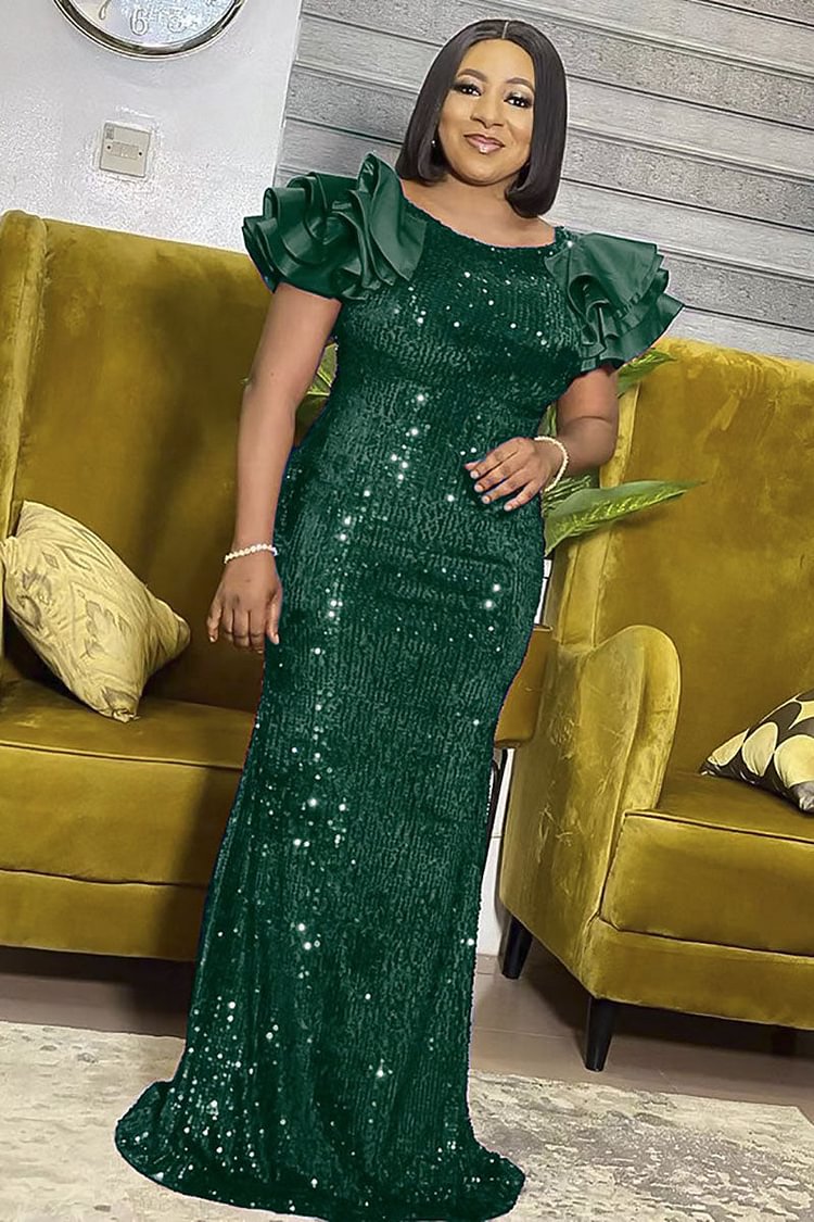 Sequin Layered Ruffle Sleeve Evening Prom Slim Maxi Dresses