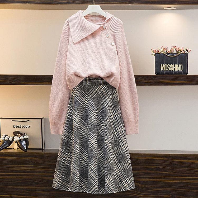Lapel Sweater Plaid Skirt Two Piece Set - Modakawa