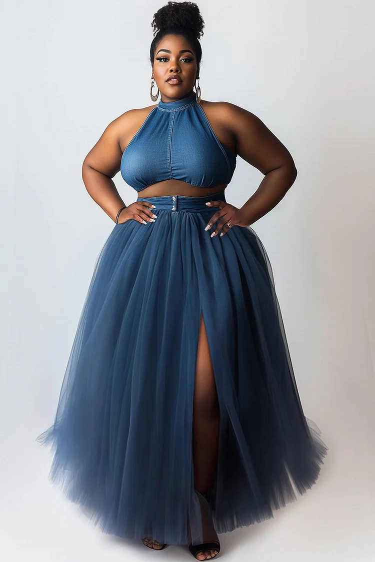 Xpluswear Design Plus Size Party Blue Casual Halter Collar Split Contrast Tulle Tencel Denim Two Piece Skirt Sets [Pre-Order] 2024 - Xpluswear