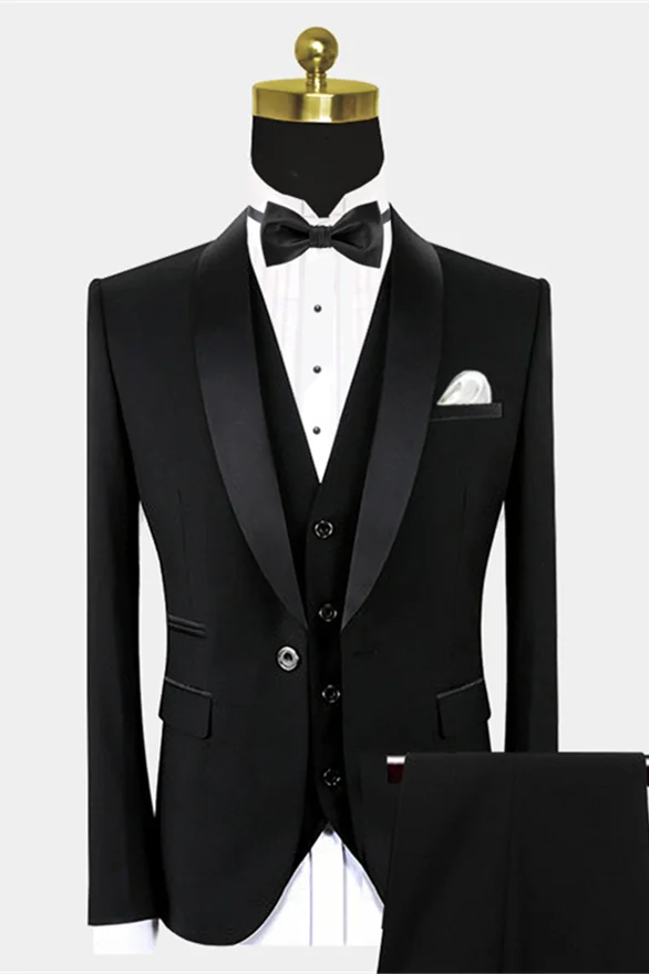 Traditional Black Suits for Groom Black Satin Shawl Lapel Wedding Tuxedo For Bridegroomsmen - Vincent