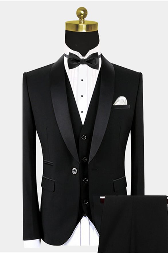 Gorgeous Shawl Lapel Black Suits for Groom Black Satin Wedding Tuxedo for Groomsmen | Ballbellas Ballbellas