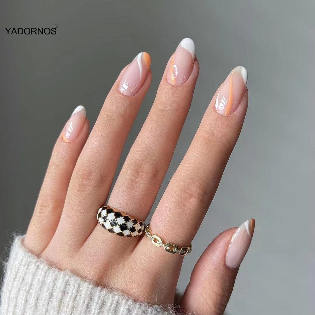 Fake nails Patch Mid Length Pointed Head Nails White Orange Lines Nail Art Finished Nail Piece 24PCS Glue Type Best Gifts TY