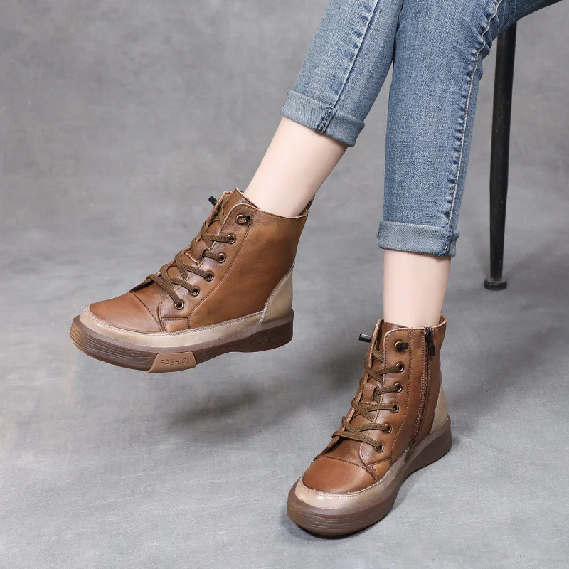 Yyvonne Martin Boots Women Retro Water Wash Skin With Beef Rib Bottom Boots Flat Base Soft Bottom Boots Plus Velvet