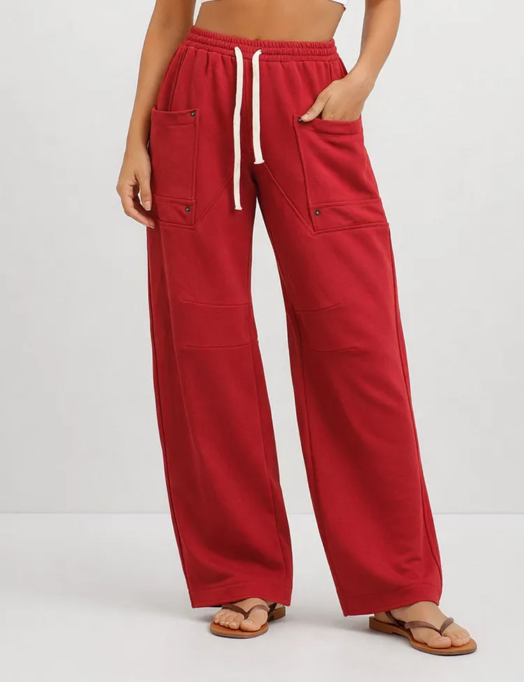 Ladies Elastic Waist Drawstring Pockets Stright Leg Denim Pants