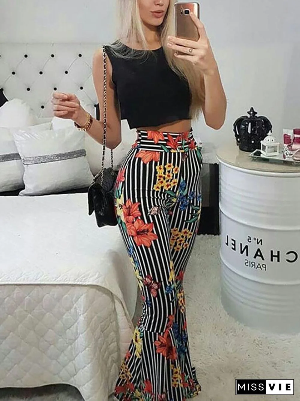 Striped Floral Flared Pants With Crop Top Set P15570