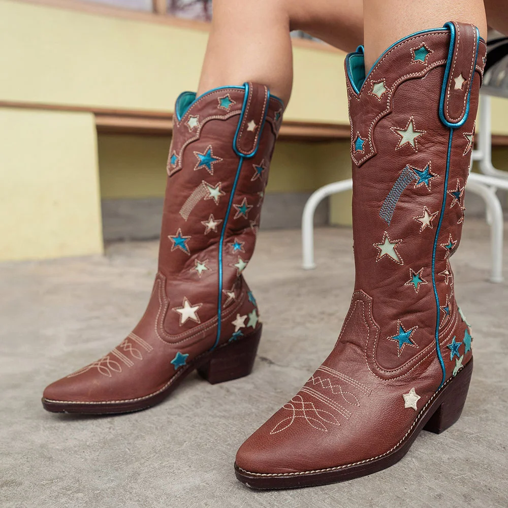 Brown Star Inlay Closed-Toe Stitching Wide Calf Cowgirl Boots