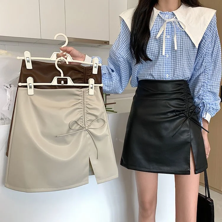 Faux Leather Slit Ruched Mini A-Line Skirt YP3298