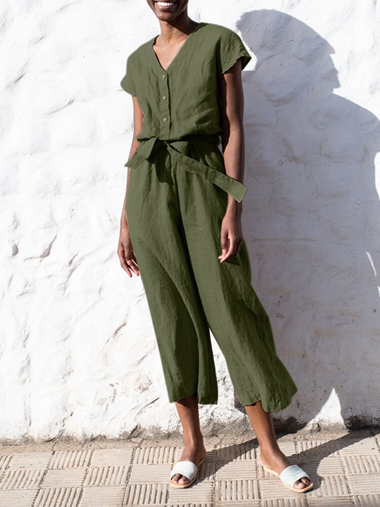 Solid Pocket V-neck Button Front Short Sleeve Belt Jumpsuit - Life is Beautiful for You - SheChoic