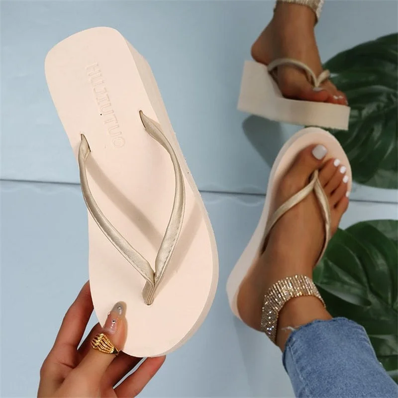2022 summer women's wedge heel clip-on sandals casual outer wear fashion frosted high-heeled thick-soled flip-flops