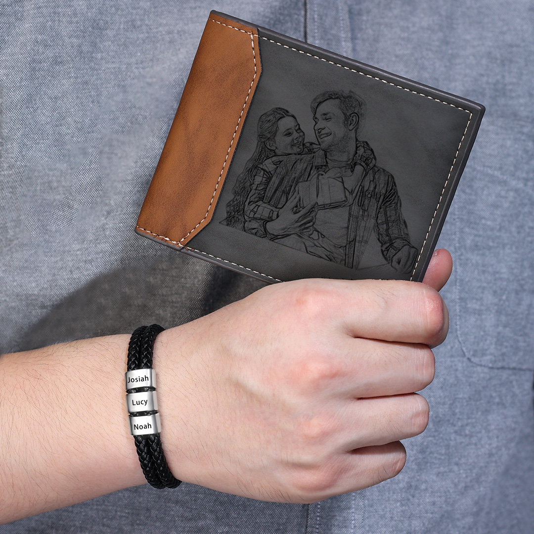 Personalised 1 Photo & 1 Letter & 4 Names Gift Set Custom Wallet & Bracelet & Pen Gift Box Set Father’s Day Gifts-Jessemade AU