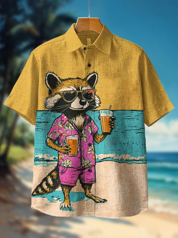 Men's Raccoon On Vacation At The Beach Art Print Short Sleeve Shirt