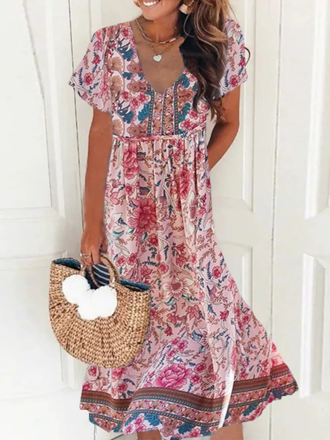 Women's Vacation Casual Floral Short Sleeve V Neck Printed Dress