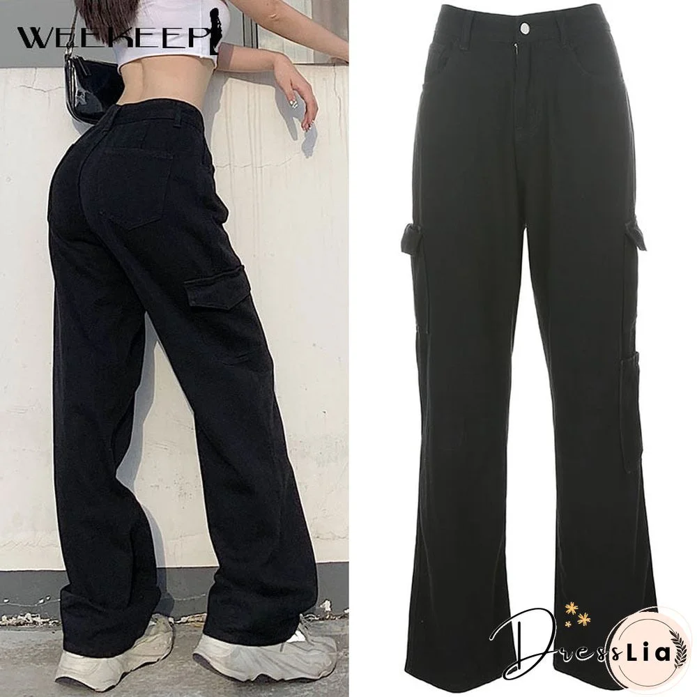 Weekeep Fashion Streetwear Women Jeans Pocket High Waist Jeans Korean Casual Straight Harajuku Denim Pants Baggy New Cargo Pants