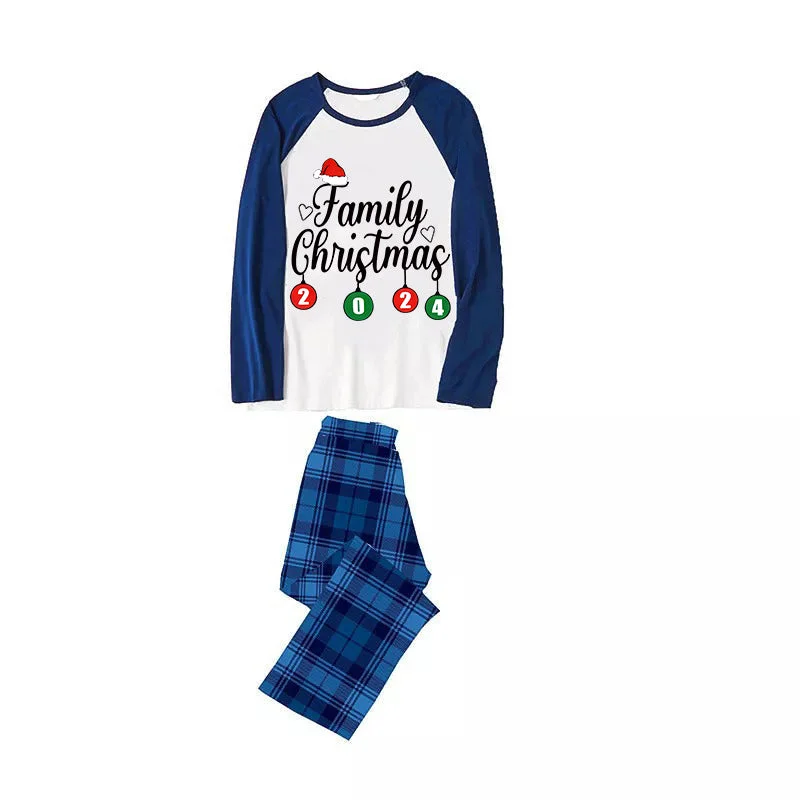 "Family Christmas" 2024 Letter Print Blue & Black Plaid Family Matching White Pajamas With Dog