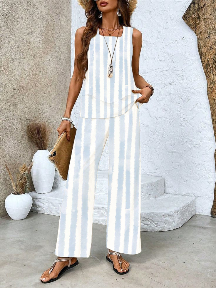 Women's Sleeveless Square Collar Striped Graphic Printed Casual Set