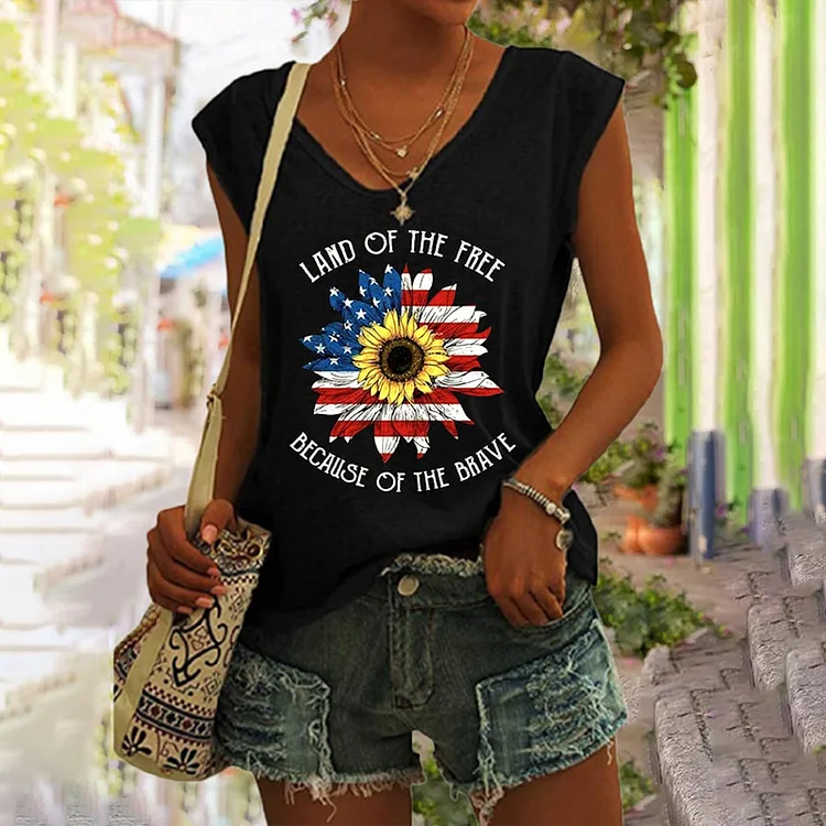 VChics Land Of The Free Because Of The Brave Flag Sunflower Print Tank Top