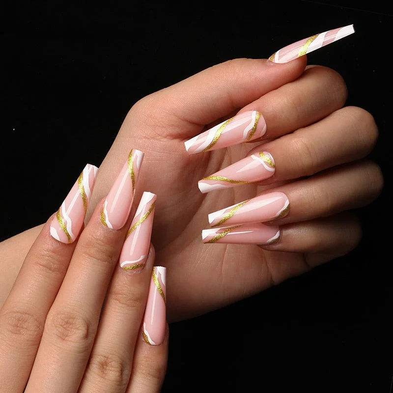 24pcs/box fake nails with glue designed colourful Gold thread rainbow paragraph press on nails coffin girls nail tips stick-on-Nail Inspo