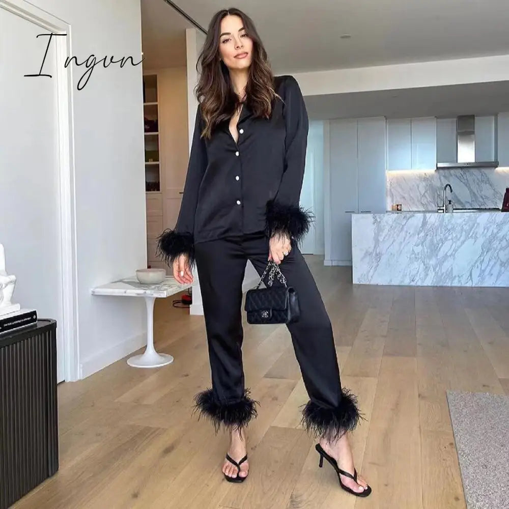 Ingvn - 2 Piece Sets Outfits Feather Long Sleeve Blouse Top Shirts And Pants Women Tracksuits Y2K