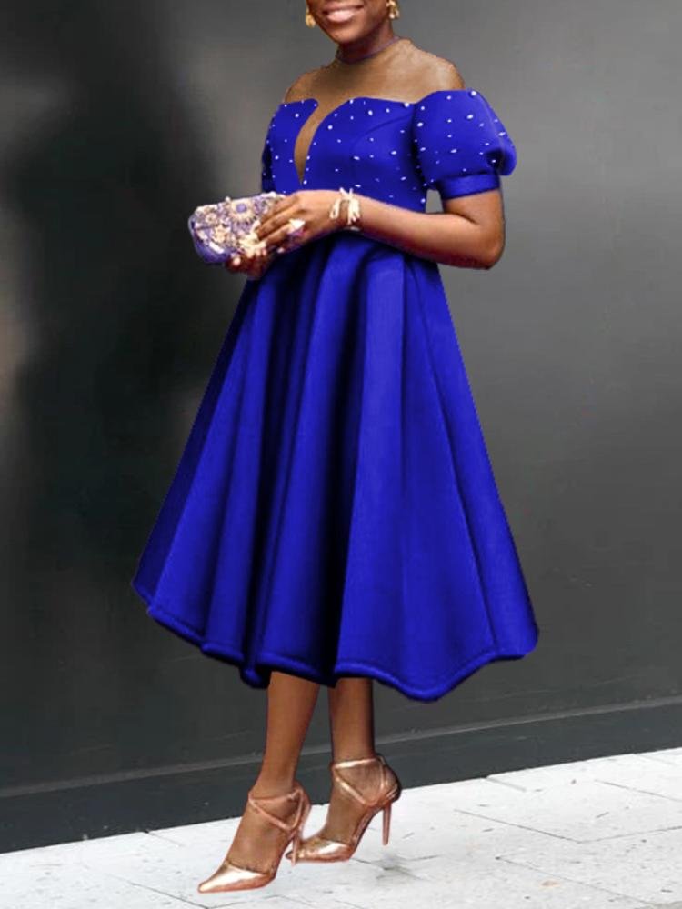 Sweet Round Neck Bubble Sleeve Pleated Skirt Pearl Trimmed Skater Dress