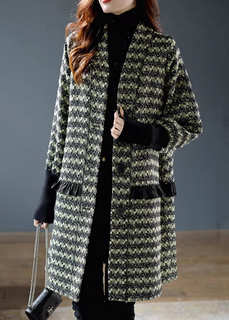 French Green Ruffled Plaid Fine Cotton Filled Woolen Coat Spring
